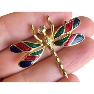 Vintage Dragonfly Brooch Pin Gold Tone Enamel